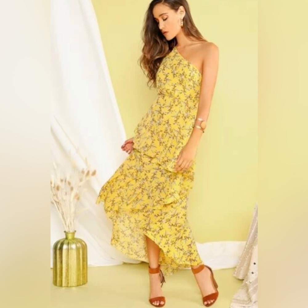 Yellow floral one shoulder midi maxi ruffle dress